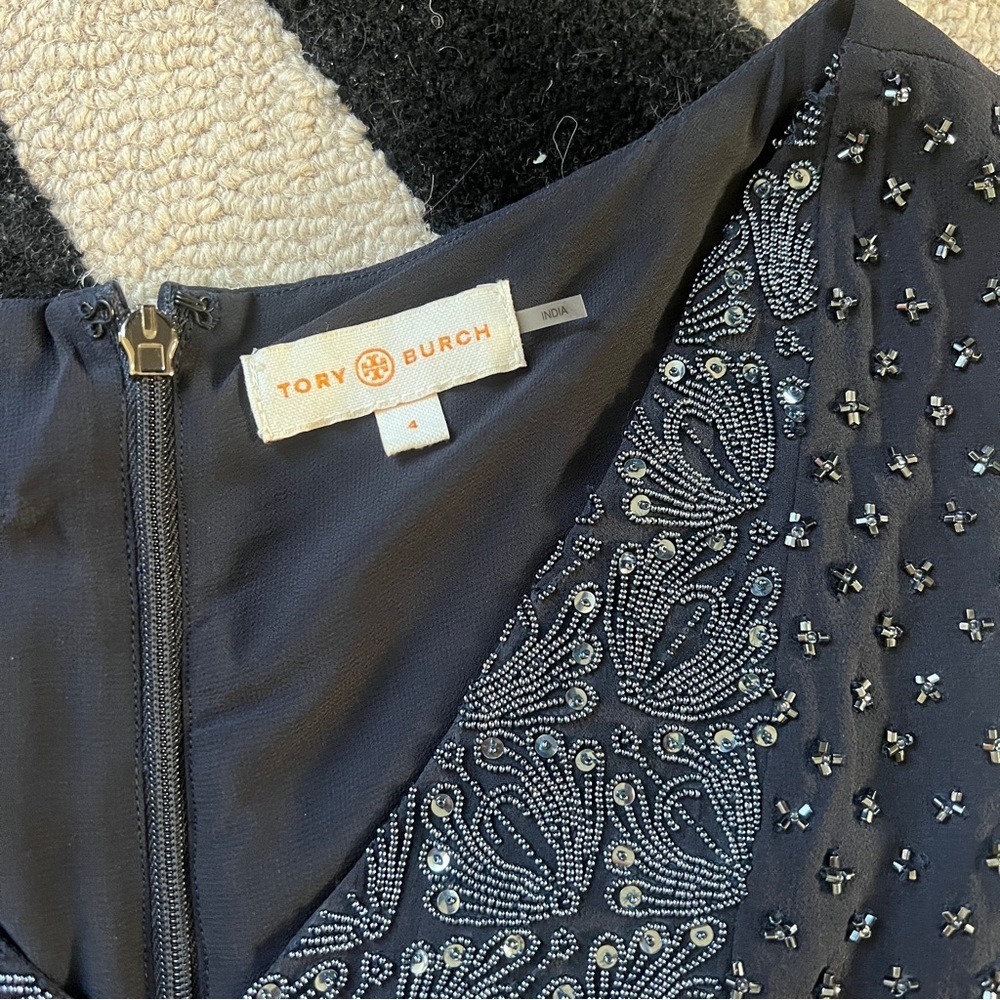 Tory Burch Silk Beaded Sequin Luxe Pleated Cocktail Dress in Navy Size 4 - Picture 6 of 16